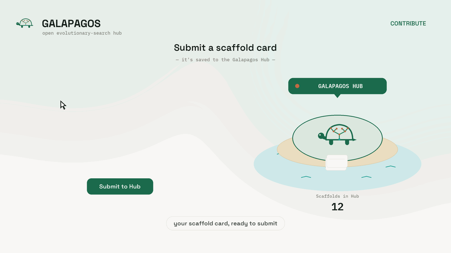 Animation of a scaffold card flying into the Galapagos Hub island and being stored, with the scaffold counter ticking up.