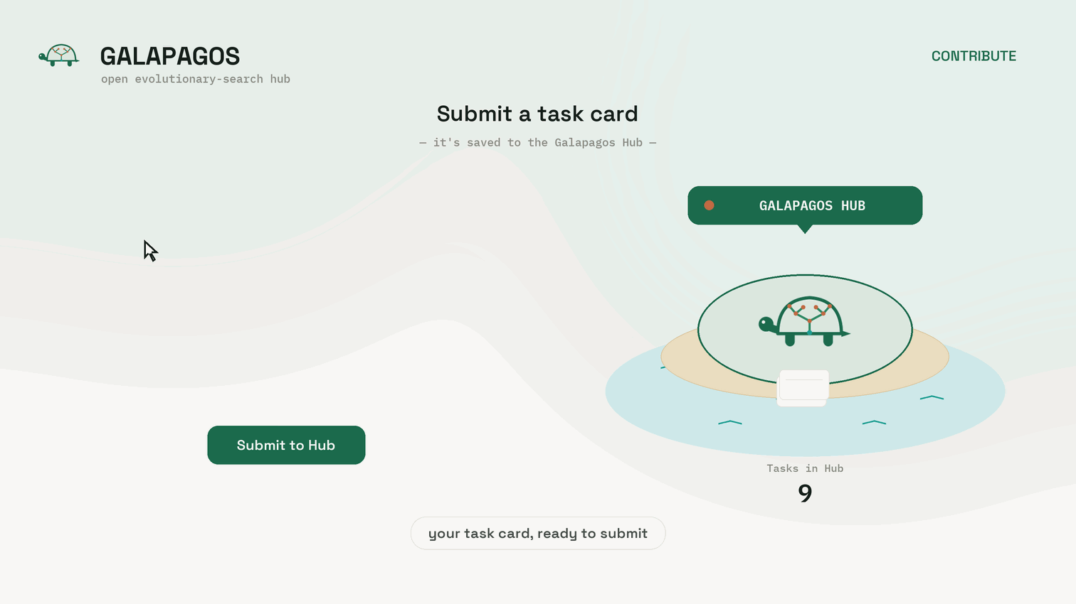 Animation of a task card flying into the Galapagos Hub island and being stored, with the task counter ticking up.